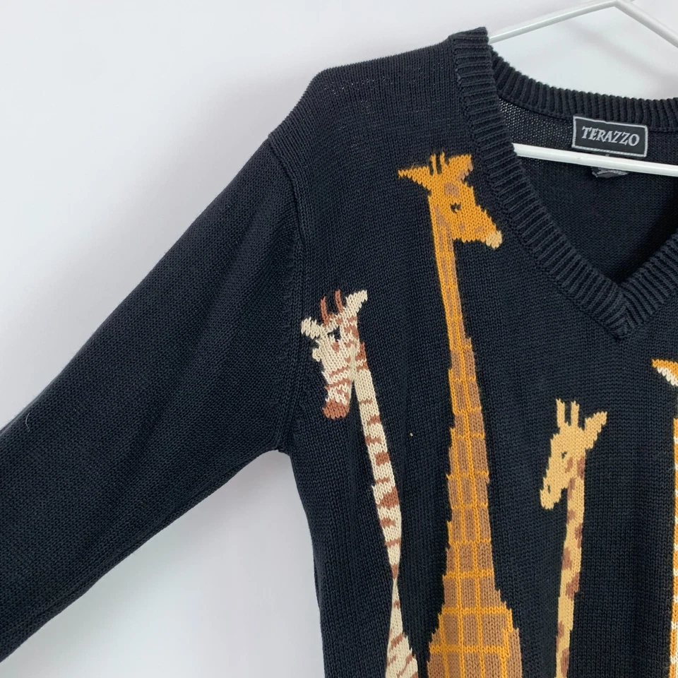 Vintage 90s Terazzo Giraffe Art To Wear Black Long Sleeve Sweater Small - Image 2 of 4