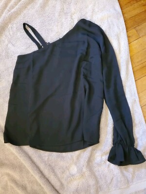 Three Eighty Two Women's Ruffle Detail One Sleeve Blouse Black Medium NWT