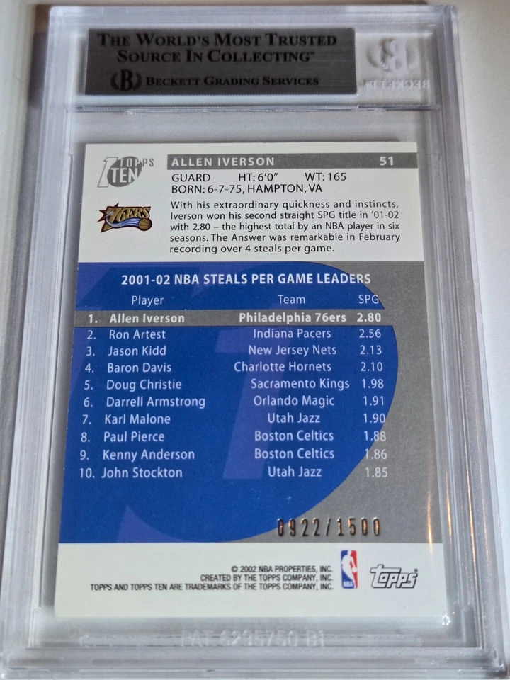 2002 Topps Ten Allen Iverson #PATCH /1500 Game Worn Jersey - BGS 9 (POP 1) - Image 4 of 4