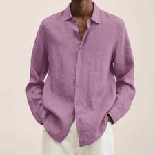NEW Mens Long Sleeve Cotton Linen Dress Shirt Casual Solid Button-up Baggy Tops