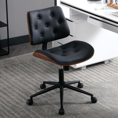 Modern Walnut Armless Office Chair with Black Leather and Wheels