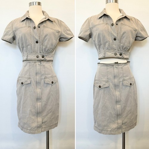 Alberta Ferretti, Abito vintage grande anni 80 Alberta Ferretti 2 pezzi kaki denim crop giacca cerniera 44