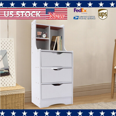 Tall White Nightstand w/ 3 Drawers Side Stand Cabinet Night Stand Bedside Tables