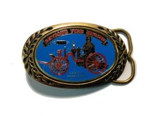 Fireman's Brass Belt Buckle  Antique Fire Engine  1887 Ahren's Steam Pumper