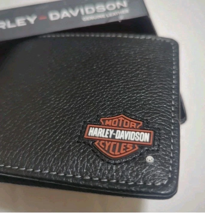 Nueva billetera Harley Davidson para hombre plegable negra 100 % cuero logotipo identificación ventana RFID Foto 2 de 4
