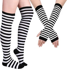 Geyoga Arm Warmers Leg Striped Thigh High Socks Black and White 