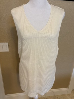 Soft Surroundings V Neck Sleeveless Ribbed Knit Top, Ivory, 1x