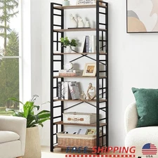 Industrial Tall Bookshelf 7 Tier Storage Rack Wood Metal Minimalist Design New