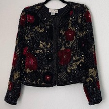 Laurence Kazar Beaded Jacket Womens XL Black Red Silk Sequin Floral Vintage Glam