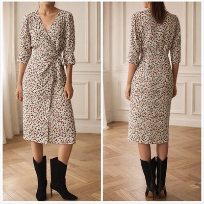 BA&SH Elen Floral Ecru Print Wrapover Crepe Boho Parisian Midi Dress size XS