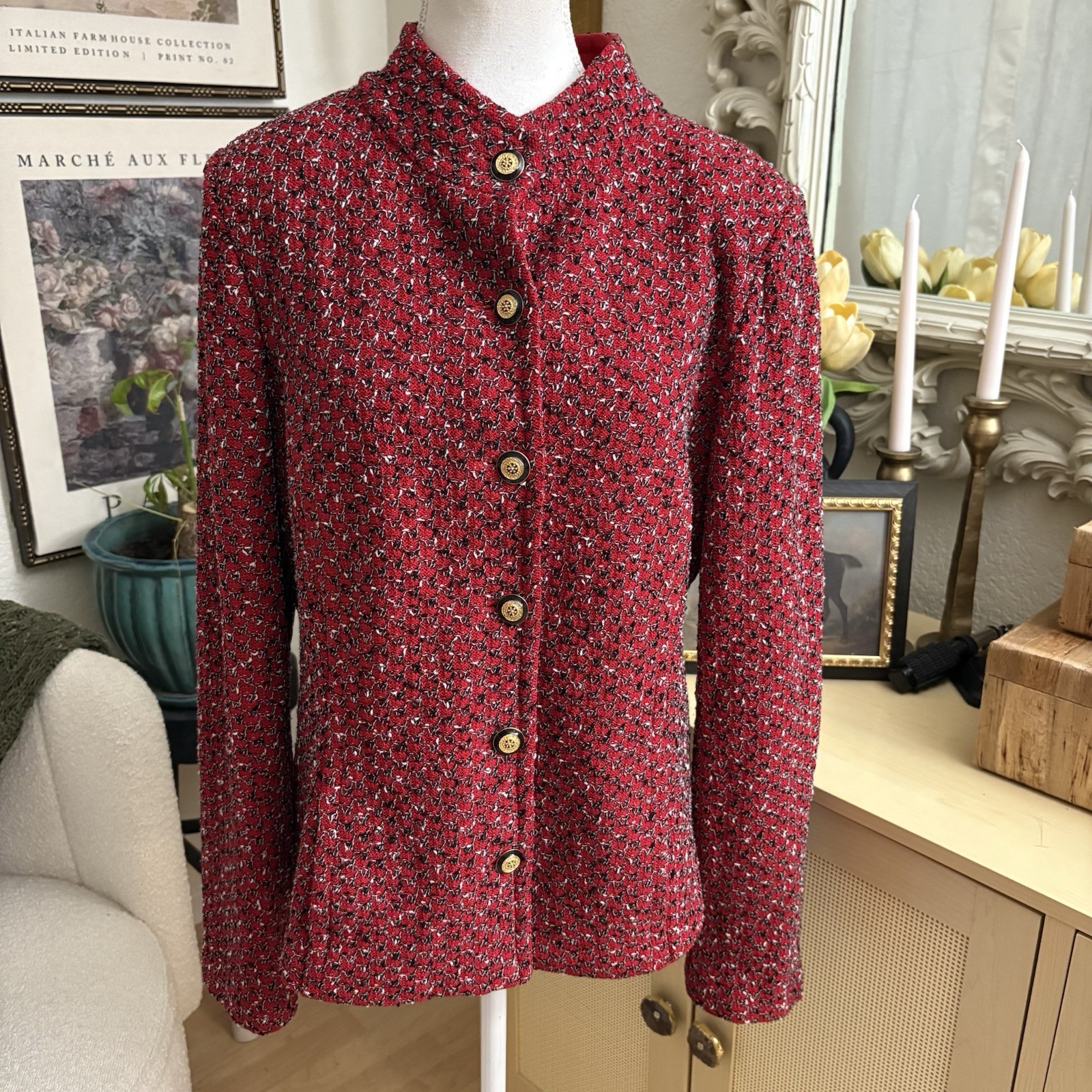 ST. JOHN Red Tweed Button Down Jacket Size 12 - image 1
