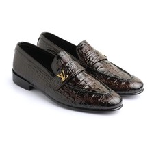 Handmade Men's Crocodile Pattern Brown Leather Loafers Luxury Formal Dress Shoes