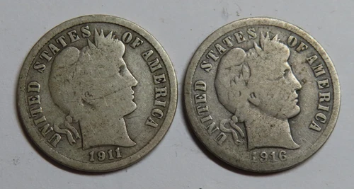 2X  Barber Dimes, 1911-D and 1916-P, 90% Silver!
