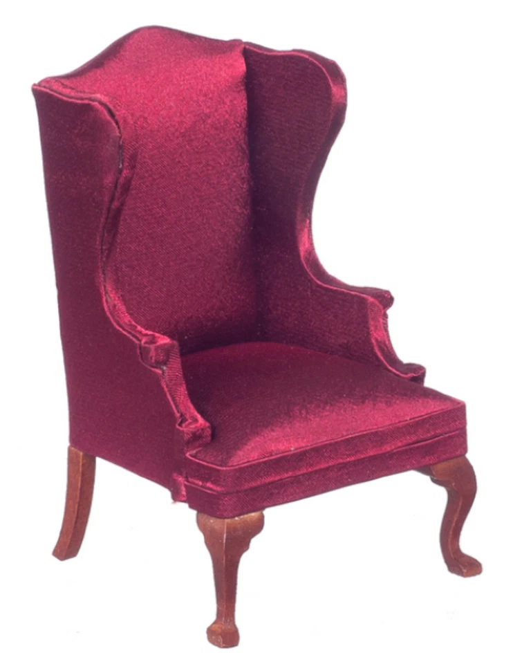 Dolls House Miniature 1:12th Scale Victorian Wing Chair In Burgundy, Armchair. - Image 1 of 1