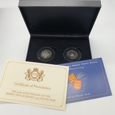 2019 50th Ann Jersey and Guernsey 50p Silver Pair Proof Box Cert 925 1969 2 Coin