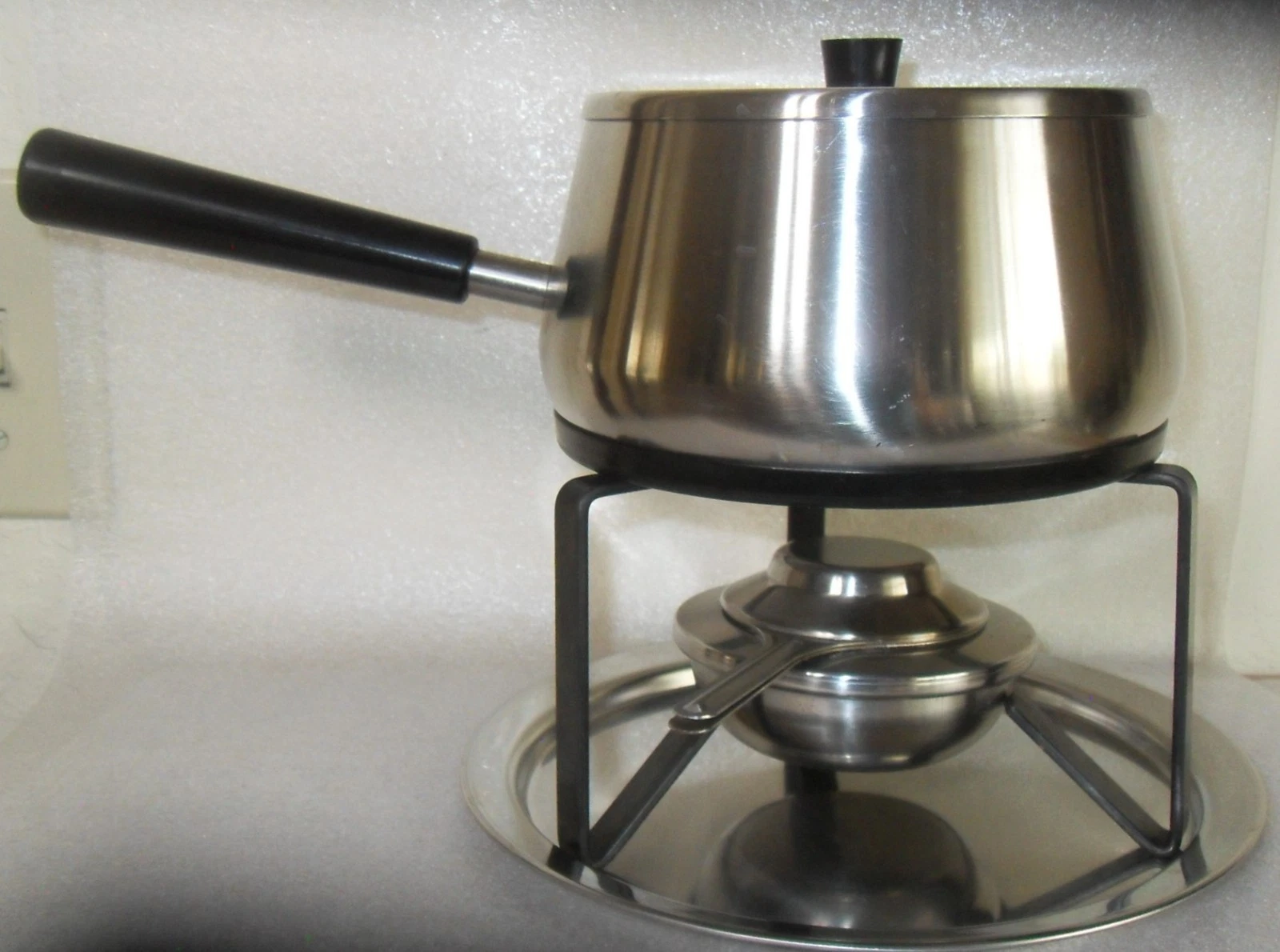 Swiss Silver Metal Stainless Fondue Pot Set with 6 Le Creuset Forks France
