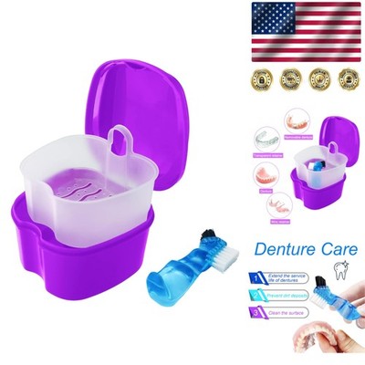 Elegant Purple Denture Bath Case with Brush - Waterproof & Portable Design