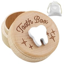 Wooden Tooth Fairy Keepsake Box with Storage Pouch for Kids Lost Teeth