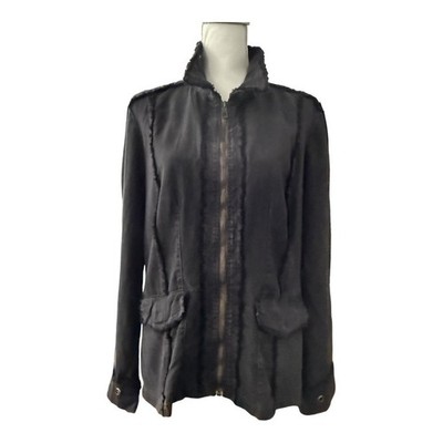 XCVI Jacket Black Utility Full Zip Frayed Grommet Tencel Rayon Womens L