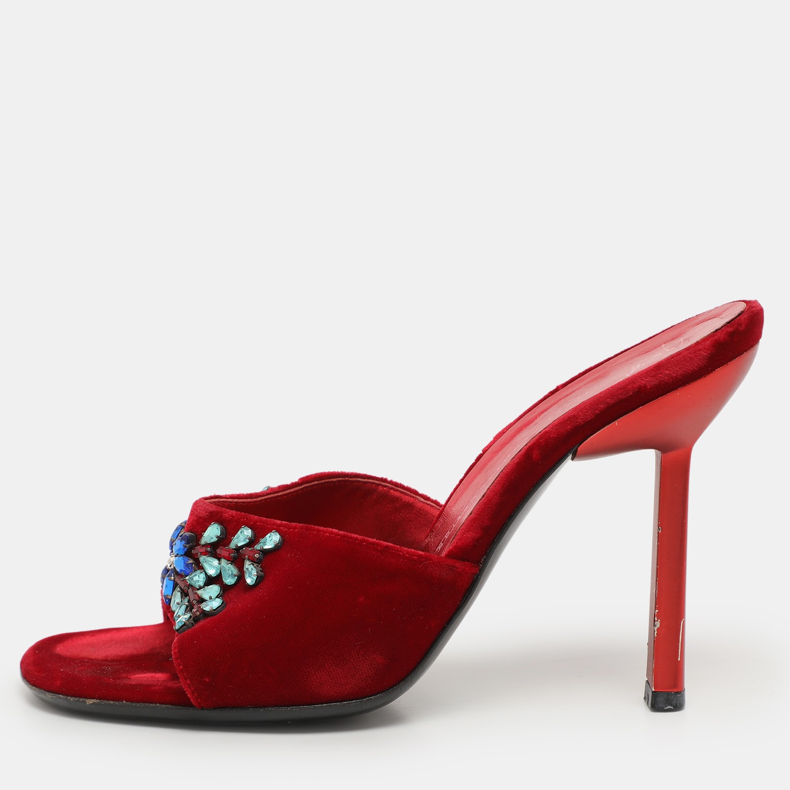 Giuseppe Zanotti Red Velvet Crystal Embellished Sandals Size 37
