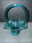 Fenton Glass Strawberry Footed Basket Aqua Ruffled 6.5" Tall W/Handle