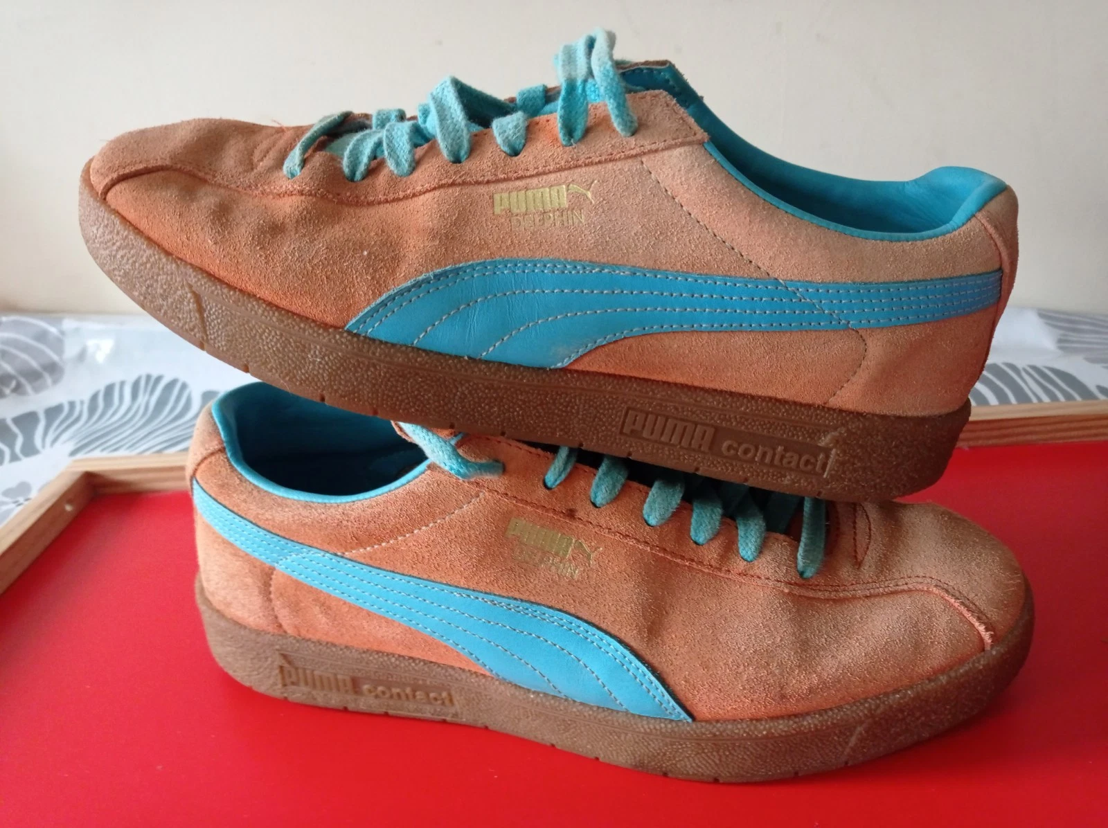 Scarpe da ginnastica uomo PUMA Delphin scamosciate arancione azzurro UK10 **Vedi foto**