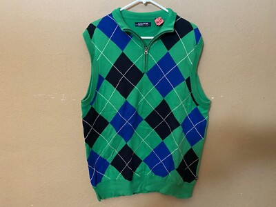 CHAPS 78 Sleeveless Plaid Golf Sweater Vest 1/4 Zip Size L Large