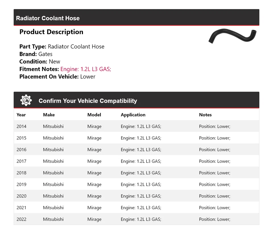 Manguera de refrigerante de radiador de gas para Mitsubishi Mirage 2014-2022 1,2 L L3 puertas inferiores Foto 2 de 3