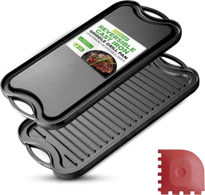 NutriChef Reversible Cast Iron Griddle   Flat & 20'' x 10.1'' x 0.9'', Black 