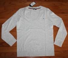 NWT Womens Tommy Hilfiger Sweater V-Neck Flag Logo Light Grey Heather 59 4U