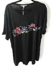 Davi & Dani Women's Plus Size Embroidered Short Sleeve Black Blouse Top Size 3XL