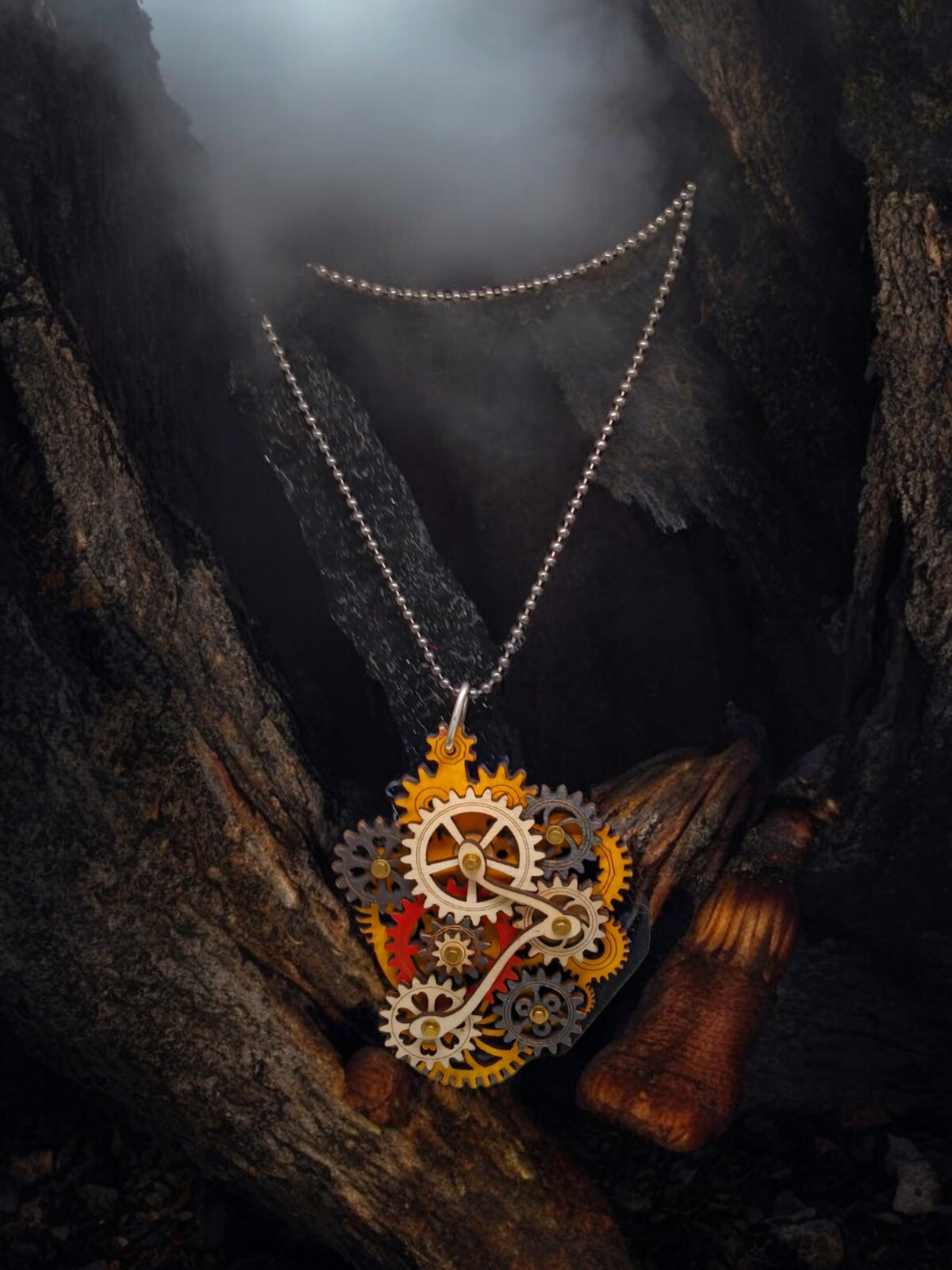 Steam Punk, Victorian, Edwardian Period Wood Kenitic Main Gear Pendant Necklace-image