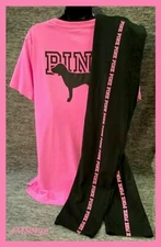 Victoria's Secret Pink Campus Tee Shirt + Leggings Set Neon Bubblegum Pink L NWT