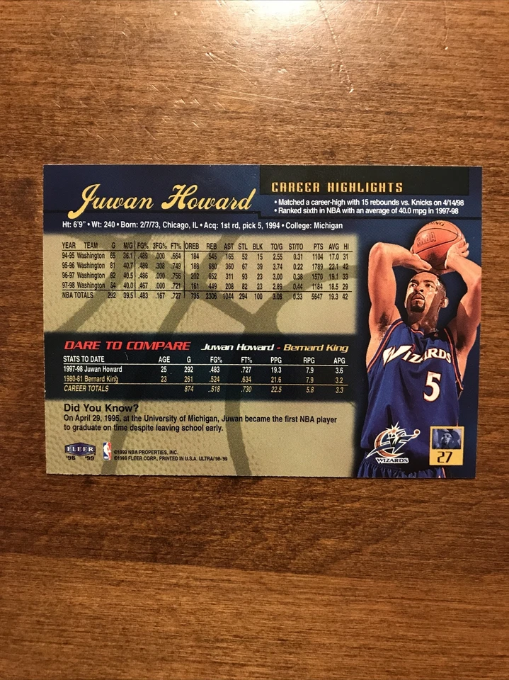 Juwan Howard 1998-99 Fleer Ultra #27 Washington Wizards - Image 2 of 2