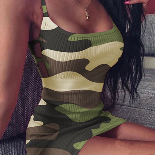 Lady Camo Tank Sexy Hollow Dress Summer Sleeveless Bodycon Straps Beach Sundress - Picture 11 of 17