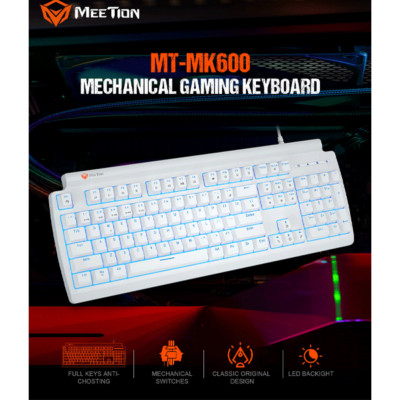 Weiße mechanische Gaming Tastatur - UK Layout, blaue LED-Hintergrundbeleuchtung, USB - MeeTion
