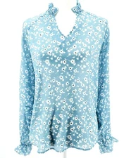 SPARKZ COPENHAGEN Blue Floral Flowy High Neck Long Sleeve Blouse XS S M L