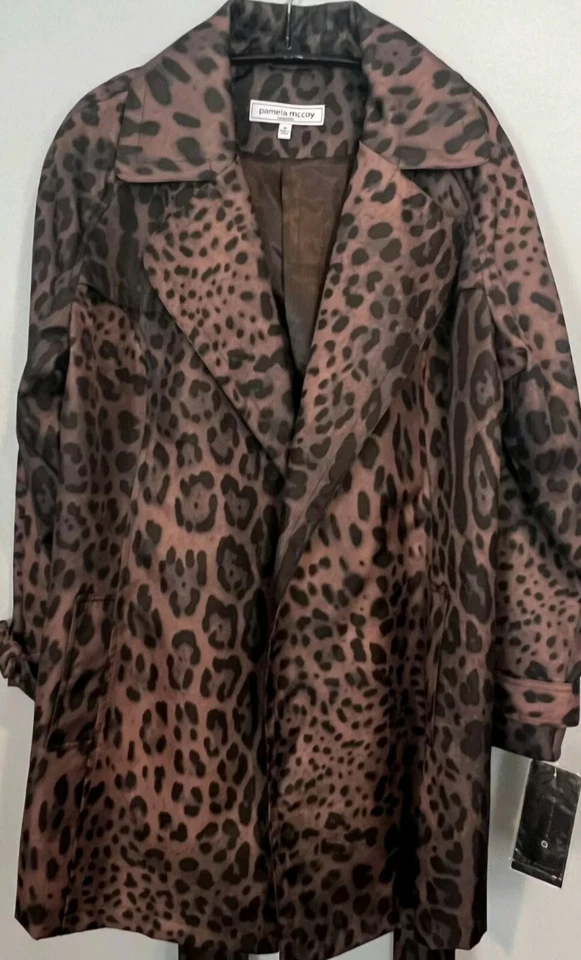 Abrigo impermeable Pamela McCoy Trench marrón animal XS NUEVO CON ETIQUETAS RT$120 STOCK MUERTO Y2K Foto 2 de 4