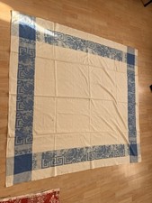 Vintage 70’s MCM Square Tablecloth White & Blue With Roses 62x65.5 Textile Linen