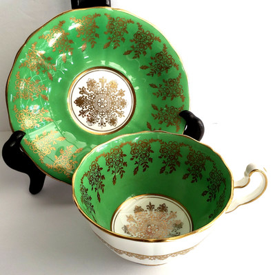 ADDERLEY Bone China Green Teacup & Saucer England Ornate Gilt VTG