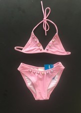 BIKINI TRAJE DE BAÑO NIÑA 8 AÑOS ROSA CON RIBETE DE BOTONES PLATEADO ESTILO FRANCÉS NUEVO CON ETIQUETAS