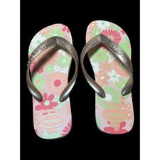 Havaianas Slim Floral Flip Flops Metallic Rose Gold Pink Sandals 3/4Y 33-34