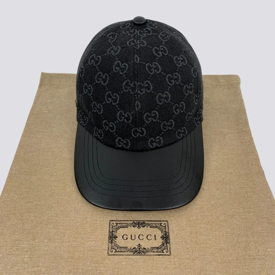Gucci GG Monograma Logo Denim Algodón Gorra de Béisbol Sombrero Negro y Gris Talla M Foto 3 de 4