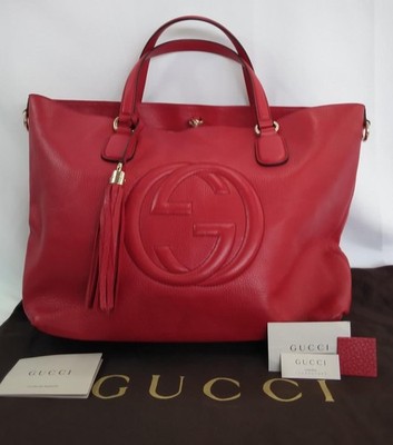 Gucci 282303 Soho Interlocking G Leather Shoulder Tote Bag Red w/Tassel Japan