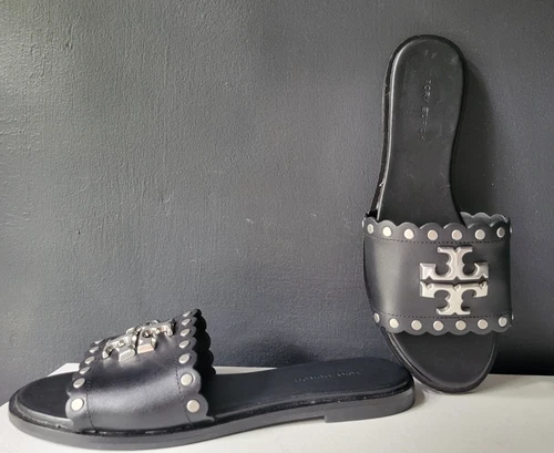 TORY BURCH BLACK GENUINE LEATHER SLIDES SANDALS w/ SILVER METAL LOGO & STUDS