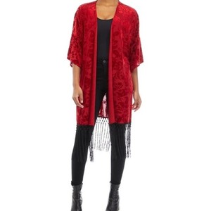 GYPSIES & MOONDUST Red Velvet Burnout Kimono Long Black Fringe MEDIUM Vamp Witch