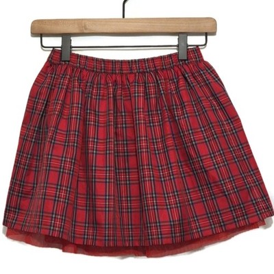 Lands  End Kids Red Black Plaid Tiered Tulle Mini Skirt Size 7 Holiday Preppy