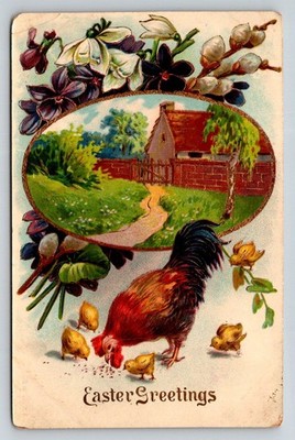 1912 Easter Greetings Postcard Rooster Chicks Farm Cottage German Printed