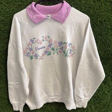 Vintage Lee Grandma Sweatshirt Collared Crewneck Floral Embroidered White XL