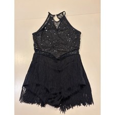 Black Sequin Lace Fringe Dance Leotard Costume Kids Halter Neck Jazz Tap Latin